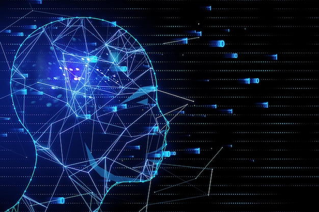 artificial intelligence and virtual reality concept with human head silhouette made by lots of glowing digital lines numbers and dots on abstract technological background 3d rendering
