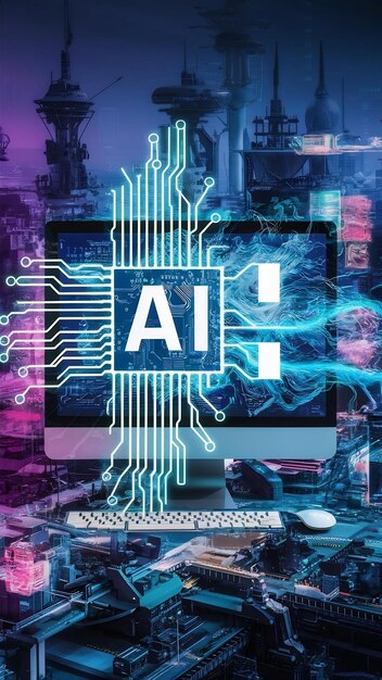 Artificial Intelligence technology double exposure circuit board AI computer buildings