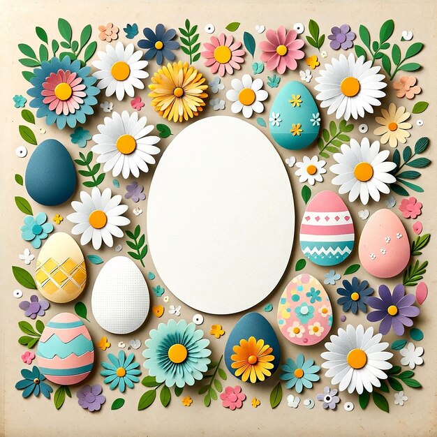 Artigianato colorato di carta di Pasqua con uova e fiori su sfondo crema Decorazione creativa per le vacanze