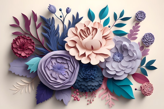 Artigianato floreale 3D Fiori viola, rosa, rosa e blu su sfondo chiaro