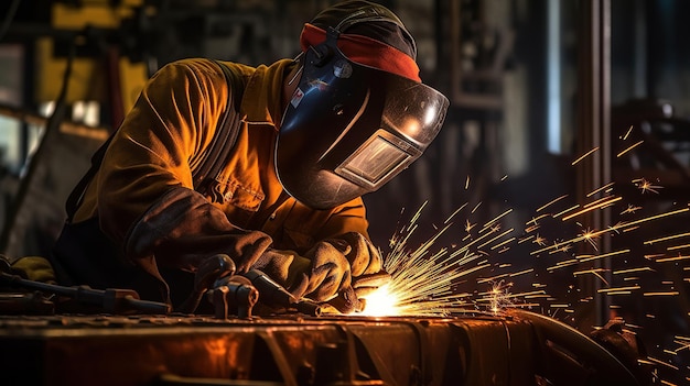 artigiani che eseguono la saldatura nel loro laboratorio mentre le scintille volano intorno all'IA generativa