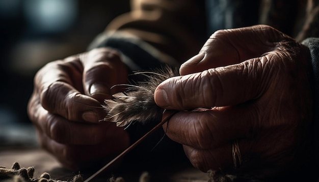 Artigiano che detiene la lana per cucire prodotti invernali fatti in casa generati dall'intelligenza artificiale