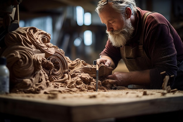 Artigiano creando un pezzo di legno