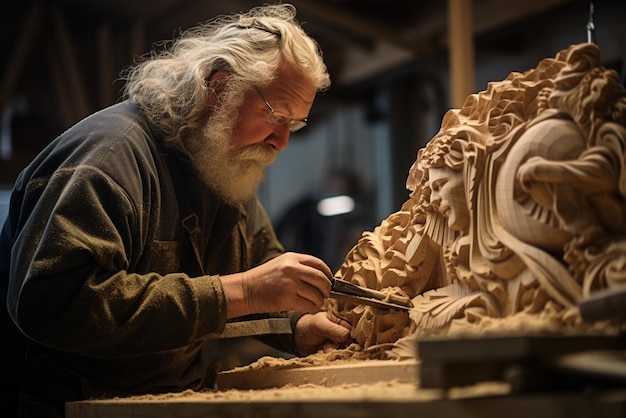 Artigiano creando un pezzo di legno