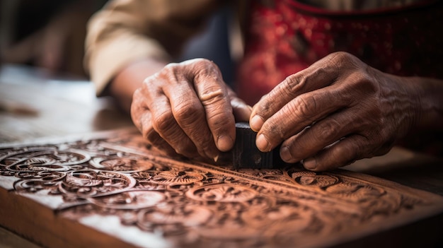 Artigiano indiano che crea modelli tessili vivaci