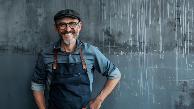 Artigiano sorridente in laboratorio con grembiule di denim e cappello abbigliamento casual artigiano ritratto in spazio di studio creativo artigianato professionale AI