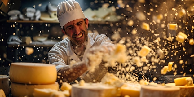 Artisan cheesemaker al lavoro in una cucina rustica gioioso chef in azione con ingredienti volanti artigianato culinario tradizionale catturato in una scena vivace AI