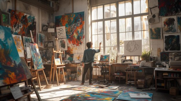 Artista che contempla la pittura nello studio illuminato dal sole AIG41