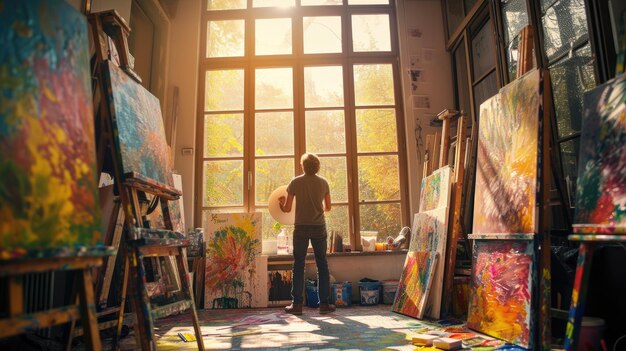 Artista che contempla la pittura nello studio illuminato dal sole AIG41