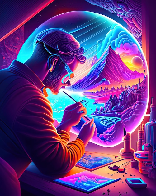 artista che crea composizioni di pittura artistica pensando ai colori al neon