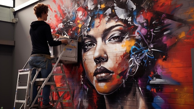 artista che dipinge il muro in strada