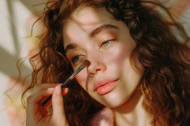 Artista del trucco si applica si applica la polvere e il rossore bellissimo viso di donna AI generativa