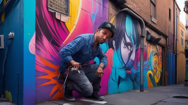 Artista di strada che dipinge un murale vibrante in un vicolo
