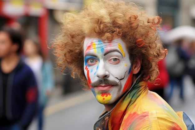 Artista di strada con la faccia dipinta che attira l'attenzione