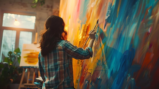 Artista donna che dipinge una tela colorata in uno studio d'arte luminoso creatività in azione attenzione al processo artistico AI