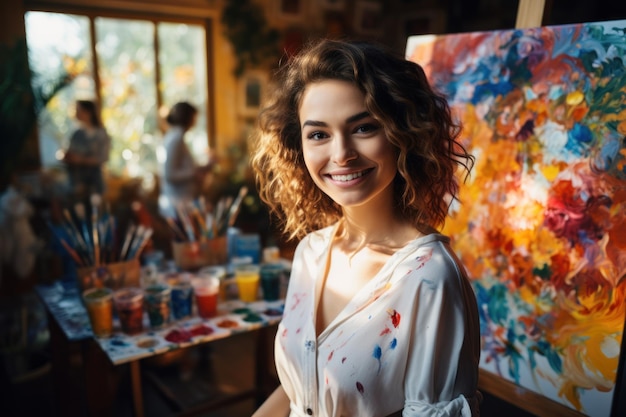 Artista donna con un pennello su una grande tela nello studio d'arte Pittura d'arte moderna pittura su tela creativa
