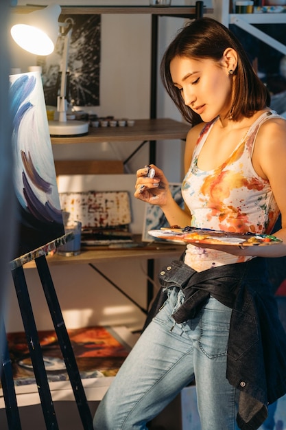 Artista femminile di arte visiva del mestiere della pittura in studio