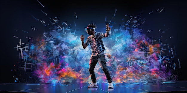 Artista hiphop in performance dal vivo di opere d'arte con intelligenza artificiale generativa sotto le luci dello spettacolo