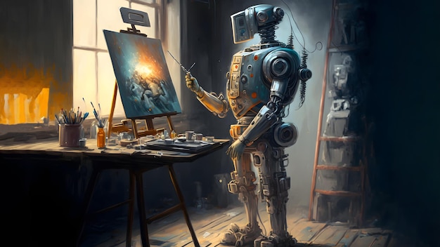 Artista robot in studio accanto al suo cavalletto che dipinge e dipinge mentre lavora alla rete neurale ai generata arte