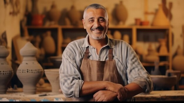 Artista scultore artigiano di aspetto arabo che sorride alla telecamera sullo sfondo del laboratorio e del suo prodotto