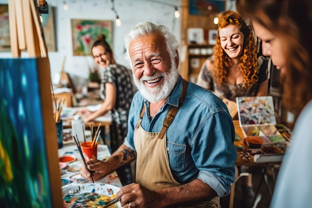 Artista senior che si diverte con l'attività di pittura in studio con i suoi amici Creato con la tecnologia Ai generativa