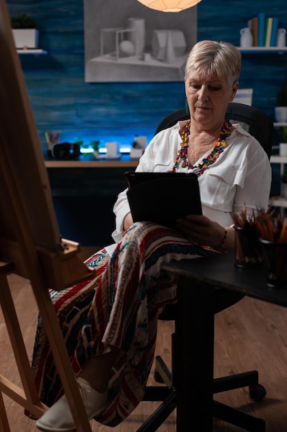 Artista senior con tablet che naviga sui social media in cerca di ispirazione online mentre è seduto in uno studio creativo. Creatrice d'arte donna anziana seduta davanti al cavalletto guardando in possesso di dispositivo digitale.