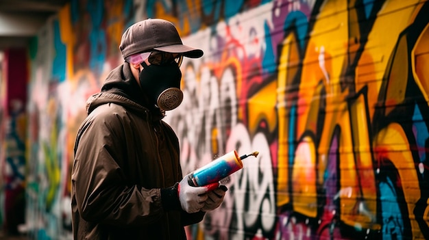 Artista spruzzatore di graffiti con maschera in una scena colorata IA generativa