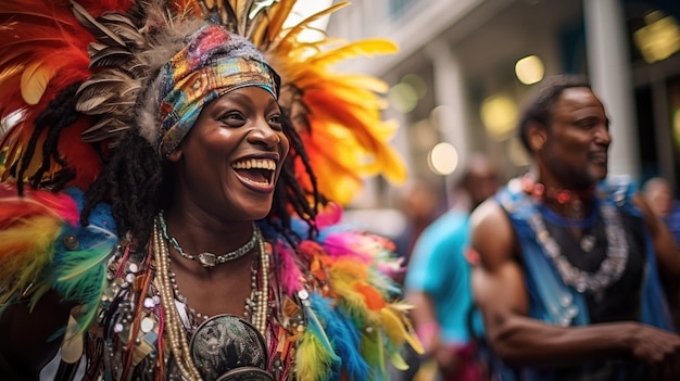 artisti di strada vestiti con costumi vivaci che intrattengono le folle durante le festività di Mardi Gras