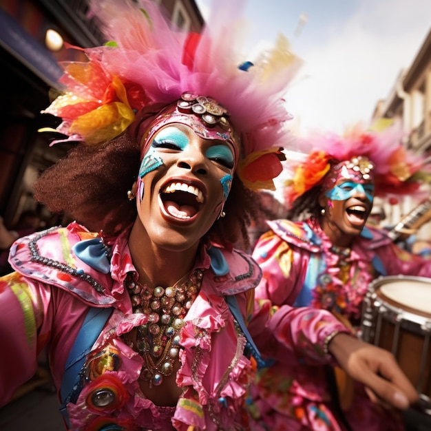 artisti di strada vestiti con costumi vivaci che intrattengono le folle durante le festività di Mardi Gras