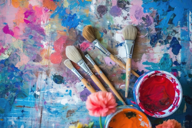 Artisti pennelli colorati e colori ad olio su tavolozza in legno Vista dall'alto Copia spazio ai generativo