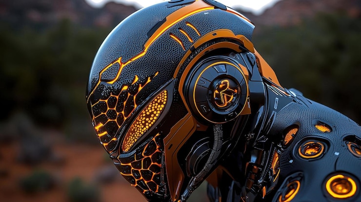 Photo artistic depiction of a robotic warrior in a postapocalyptic landscape