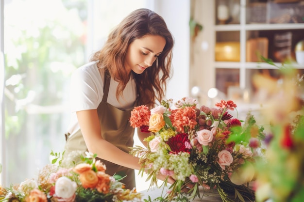 Artistica floreale Una donna con una passione per i fiori gestisce un fiorista creando straordinarie fiori e gestendo la sua fiorente attività