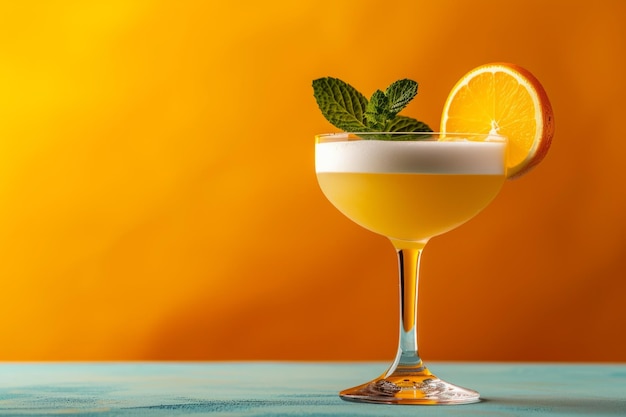 Artisticamente presentato Whiskey Sour Cocktail in vetro dorato adornato con agrumi e menta Vi squisito