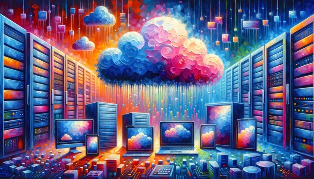 Artwork in vernice acrilica che mostra l'essenza delle tecnologie cloud con data center