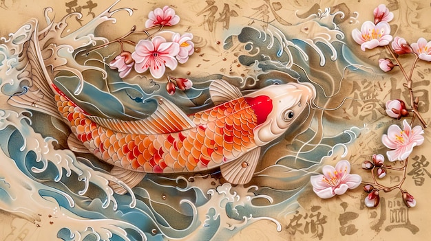 Artwork tradizionale di pesci koi con fiori di ciliegio