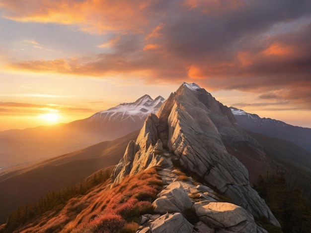 Ascensione dorata, tramonto, vista della vetta