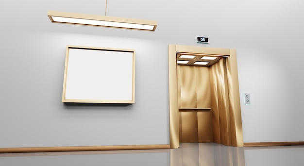 Ascensore dorato con porta aperta e cartellone pubblicitario vuoto o schermo LCD appeso alla parete in ufficio o vista prospettica del corridoio dell'hotel Interno di lusso della lobby vuota con ascensore e display bianco mockup 3d rendering