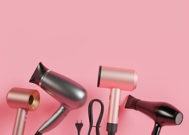 Asciugacapelli su sfondo rosa con spazio di copia Spazio vuoto per la tua pubblicità di testo Strumenti professionali per acconciature Asciugacapelli realistico per parrucchiere o uso domestico Strumento per asciugare i capelli 3D