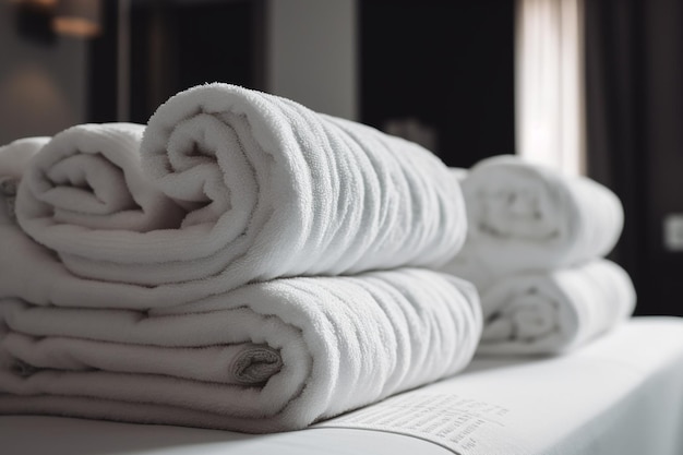 Asciugamani bianchi di cotone fresco e pulito arrotolati all'interno di un hotel IA generativa