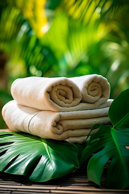 Asciugamani bianchi e foglie di spa tropicali Focus selettivo Natura