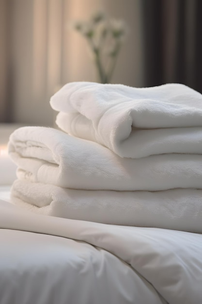 Asciugamani bianchi puliti su un letto d'albergo
