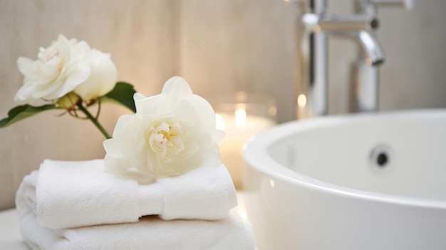Asciugamani di cotone bianco selvaggio su un lavandino del bagno nello stile dell'esagerazione barocca IA generativa