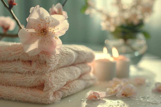 Asciugamani di peluche morbidi disposti accanto a fiori in fiore e candele che evocano un senso di calma AI Gener