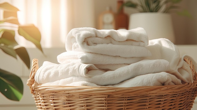 Asciugamani e lenzuola puliti messi in modo ordinato nel cesto