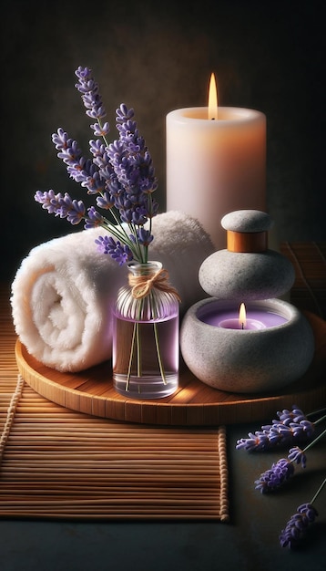 Asciugamano adornato di lavanda e candele Spa Still Life