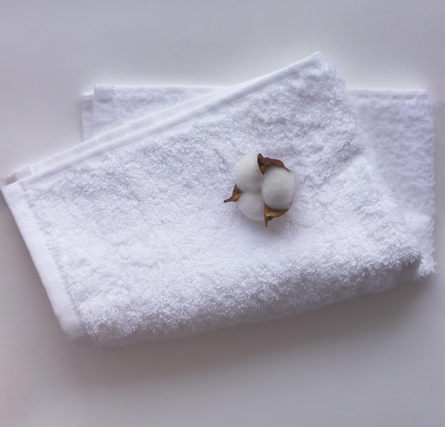 Asciugamano bianco piegato con fiore di cotone su fondo bianco