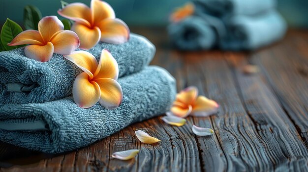 Asciugamano e fiori su un tavolo di legno