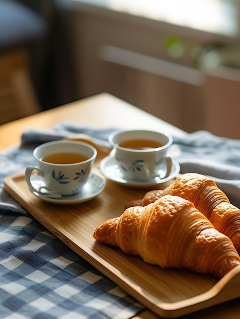 Asciugamano per piatti croissant freschi e tazze di tè in ceramica su vassoio di bambù su tavoletta di legno AI generativa