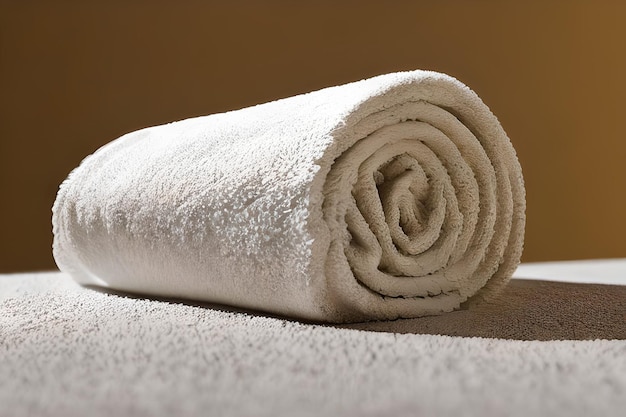 Asciugamano piegato di colore bianco pulito, bello e ordinato per il bagno fitness, il massaggio di nuoto e lo sfondo del marketing spa e il materiale di progettazione