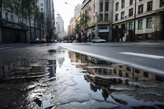 Asfalto bagnato con riflessi degli edifici e del cielo visibili nel paesaggio urbano occupato